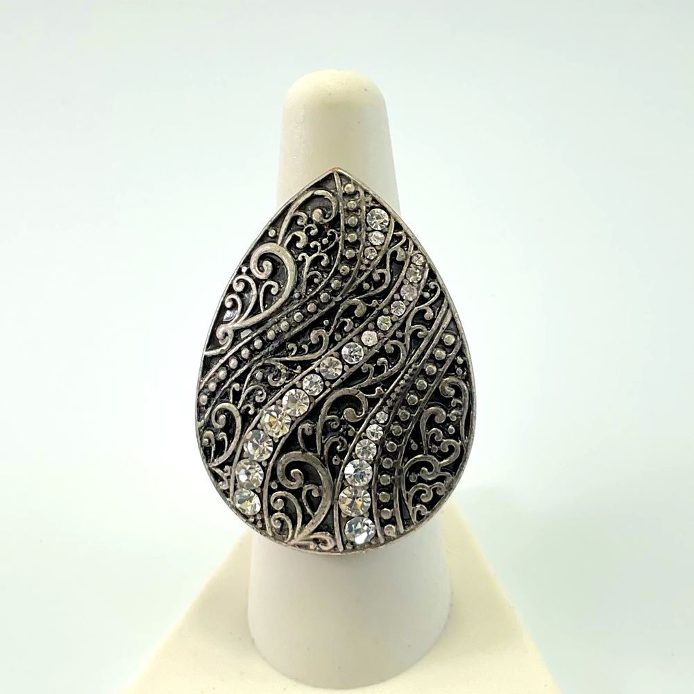 Vintage Gothic Ring Clear Crystals & Mystical Swirls Stretch Ring, Celtic Nordic